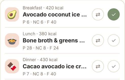 The meal planner: breakfast, lunch and dinner with calories, macros, swap and log buttons